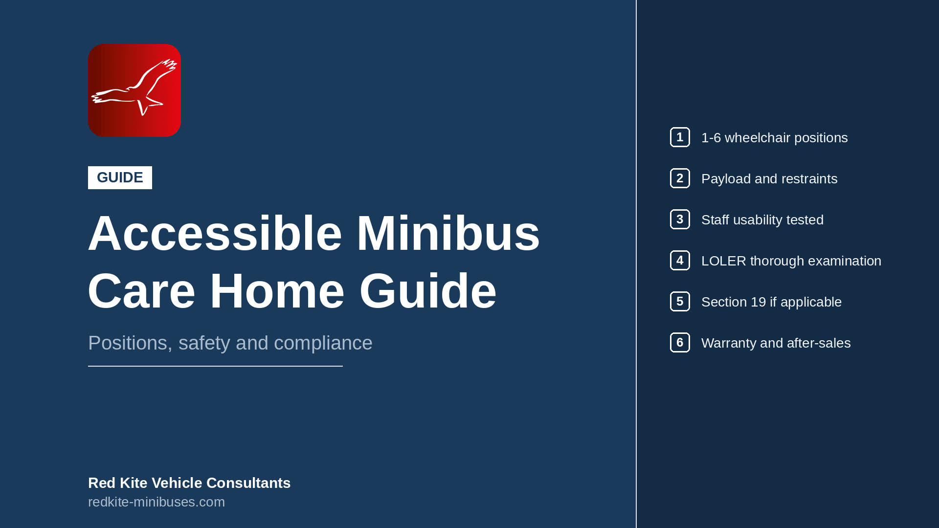 Wheelchair Accessible Minibuses: Care Home Buyer's Guide graphic in blue with Red Kite logo in top left hand corner