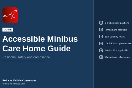 Wheelchair Accessible Minibuses: Care Home Buyer's Guide graphic in blue with Red Kite logo in top left hand corner