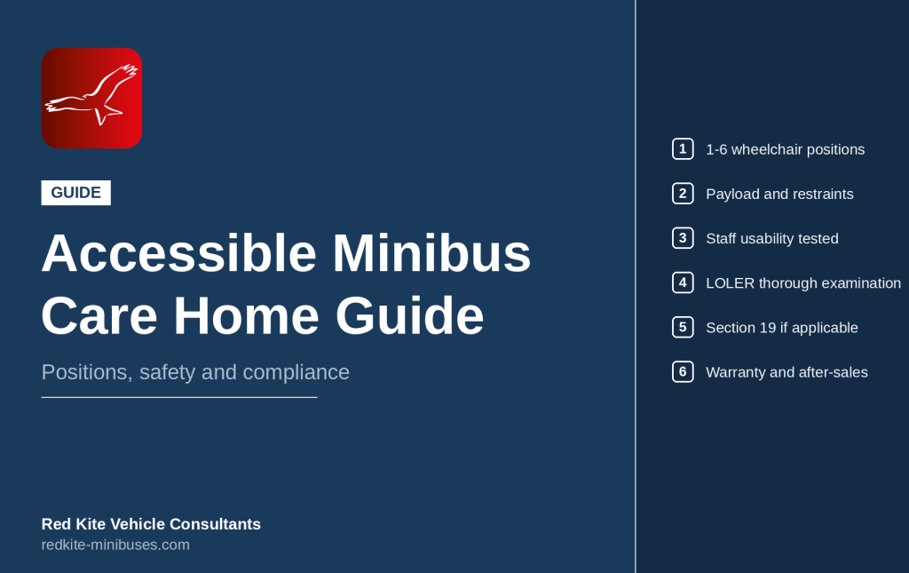 Wheelchair Accessible Minibuses: Care Home Buyer's Guide graphic in blue with Red Kite logo in top left hand corner